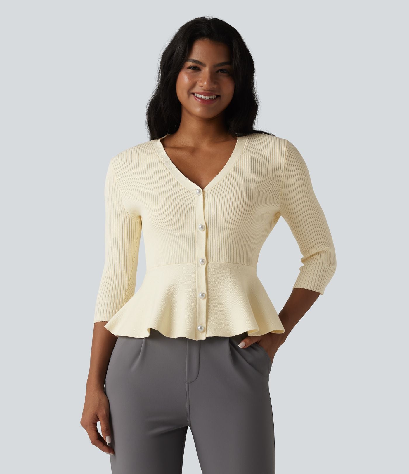 Gilet péplum à col en V et manches 3/4