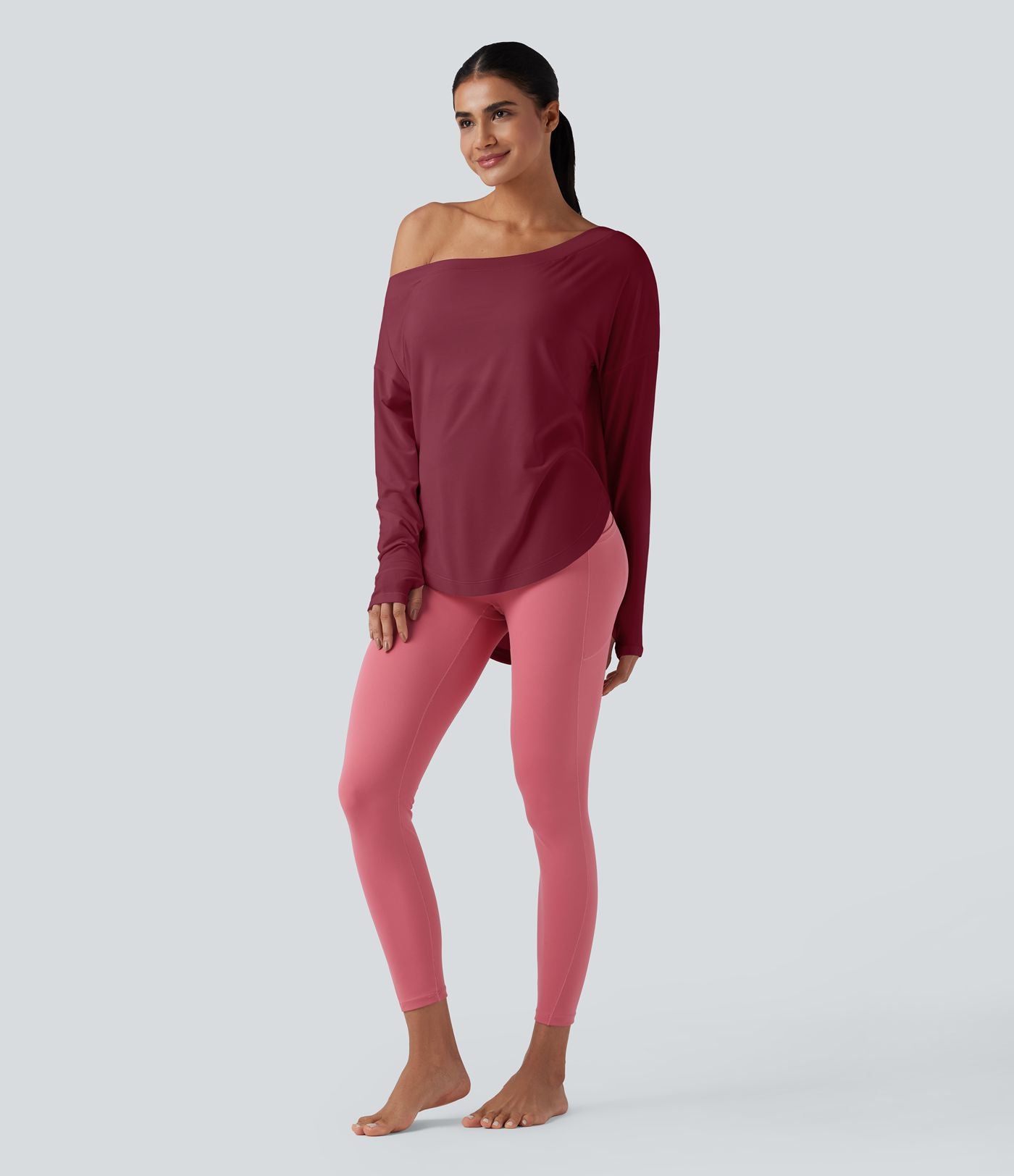 Top de sport yoga une épaule séchage rapide ourlet arrondi asymétrique manches longues avec trous pouces - Brassière intégrée