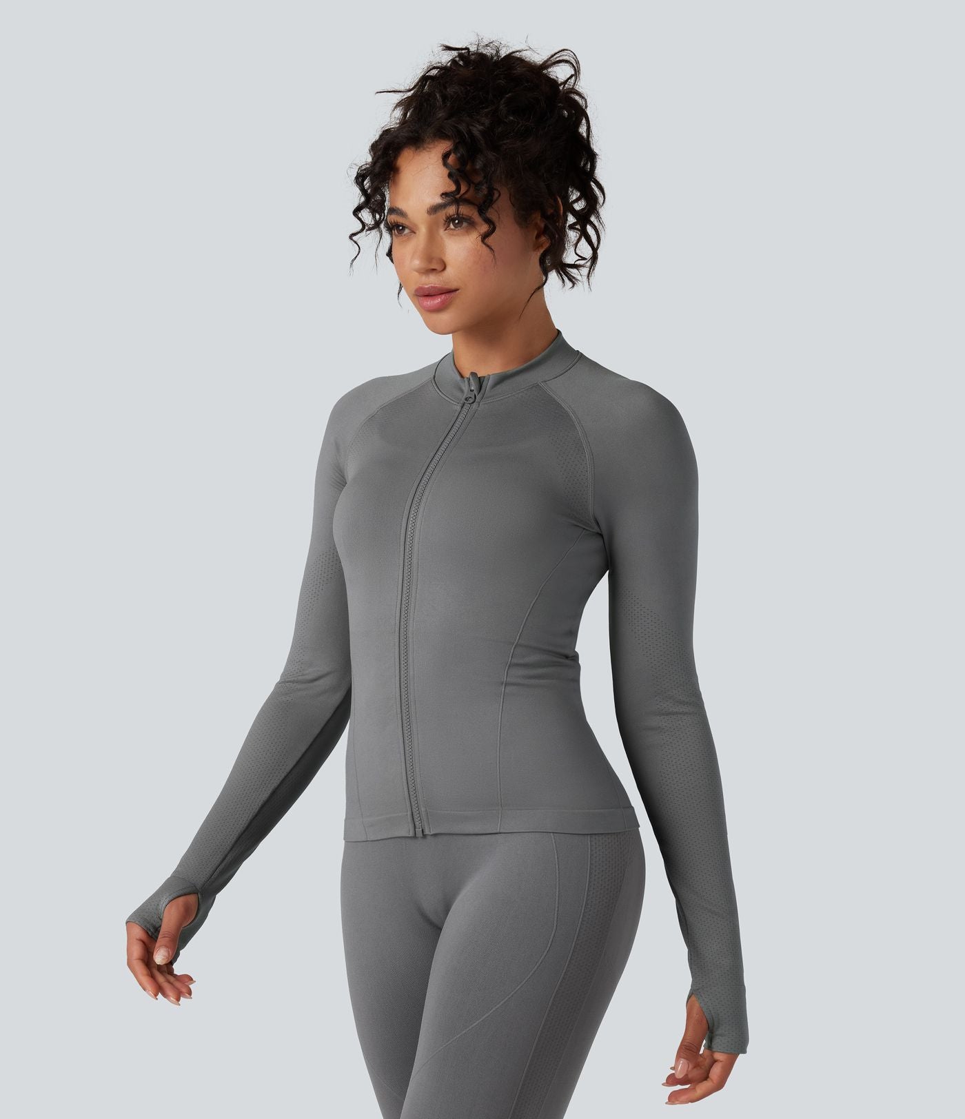 Veste de yoga Seamless Flow à fermeture éclair, manches longues et trous pour les pouces