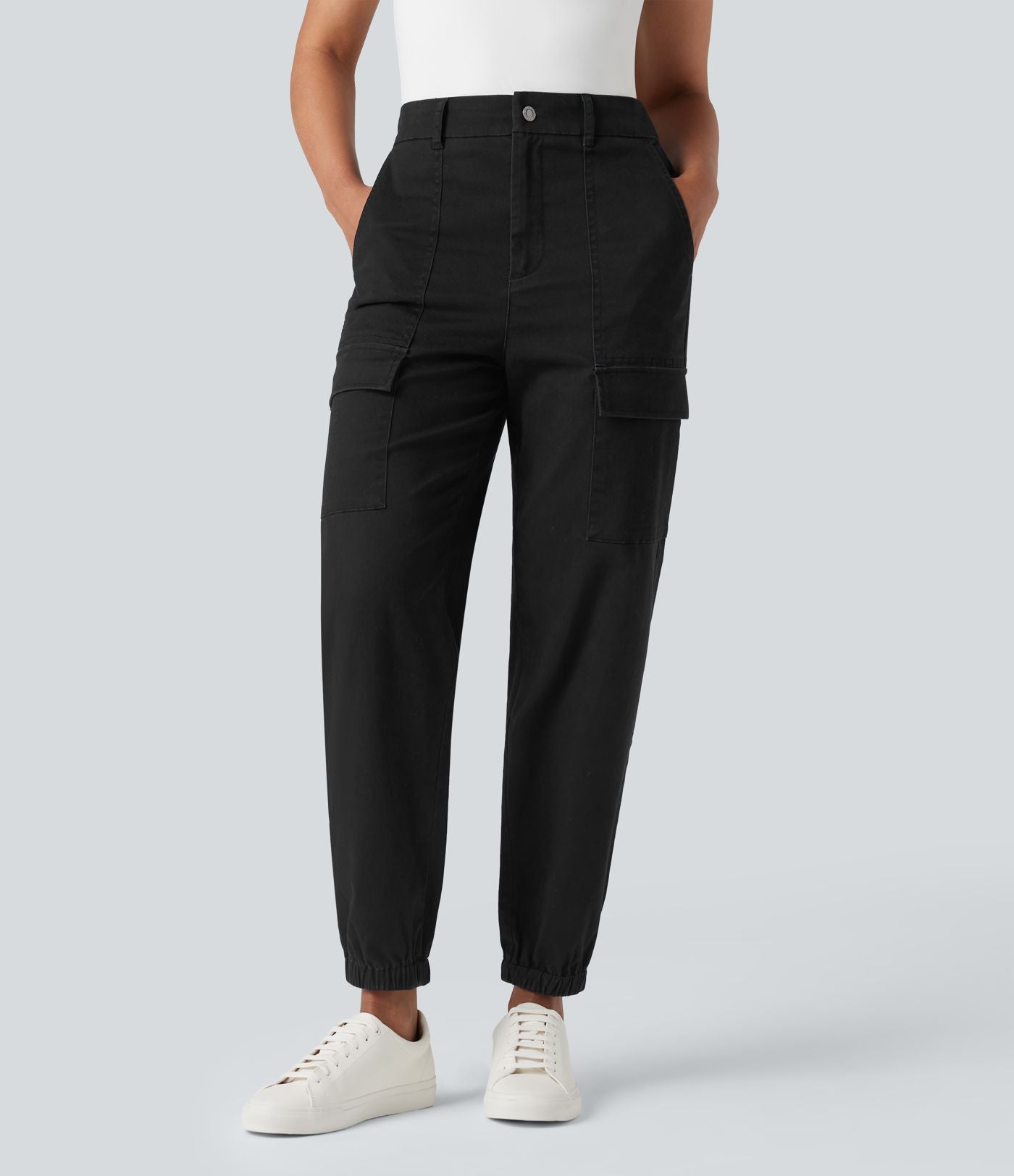 Jogging cargo chino coton taille haute avec poches