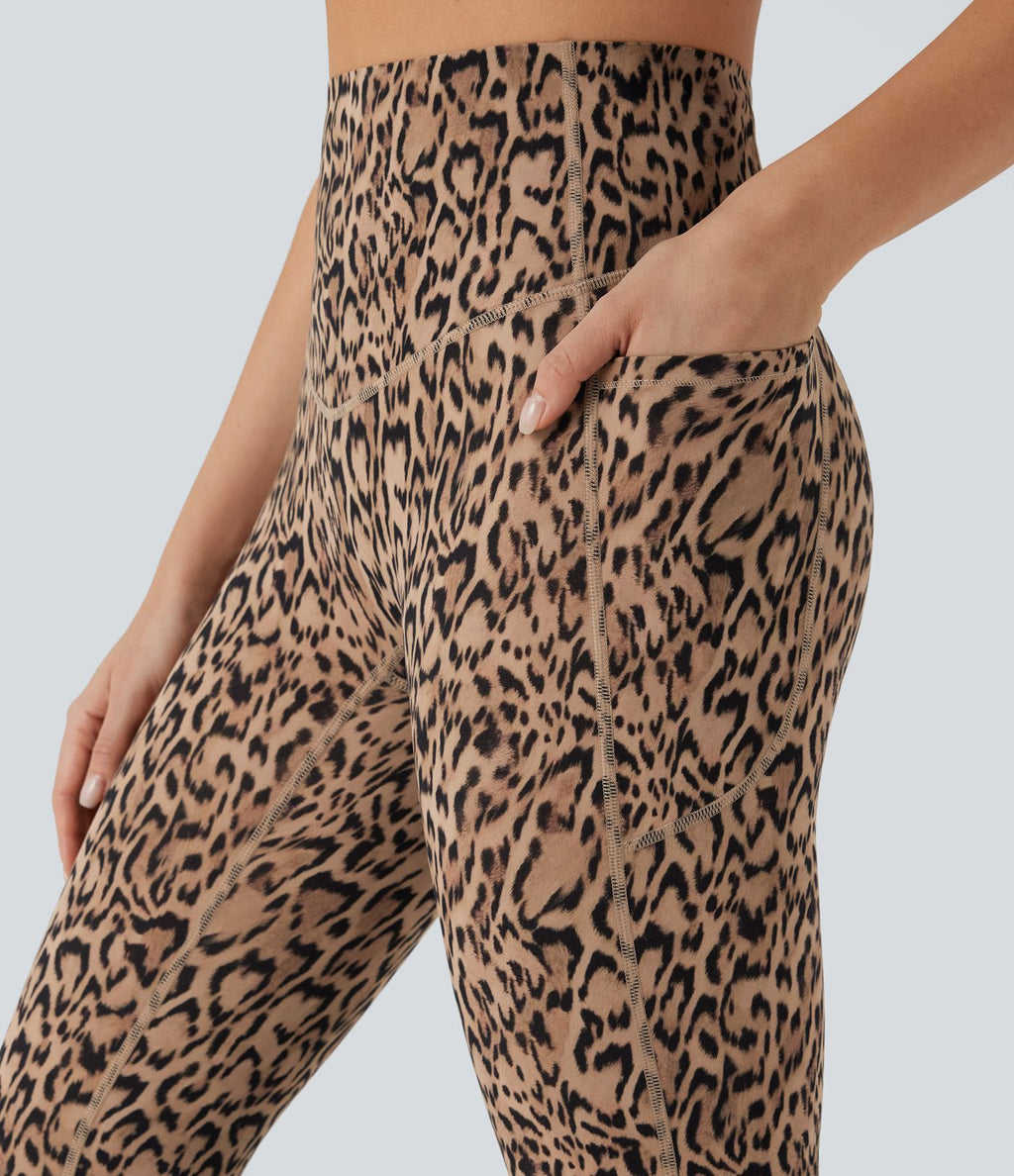 Pantalon de yoga à coupe bootcut gainant taille haute imprimé léopard avec poches Halara UltraSculpt™