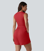 Combishort casual côtelé sans manches col V, fronces et soutien-gorge intégré, avec poches – Easy Peasy