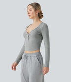 Haut détente cropped maille côtelée col henley manches longues