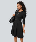Robe de travail midi fit-and-flare ceinturée zippée col rond avec poches