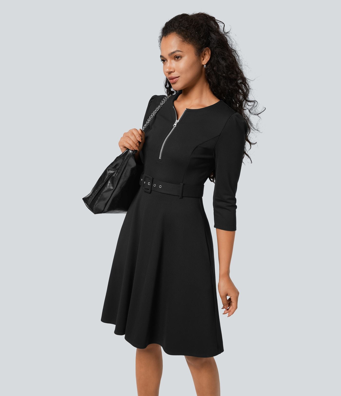 Robe de travail midi fit-and-flare ceinturée zippée col rond avec poches