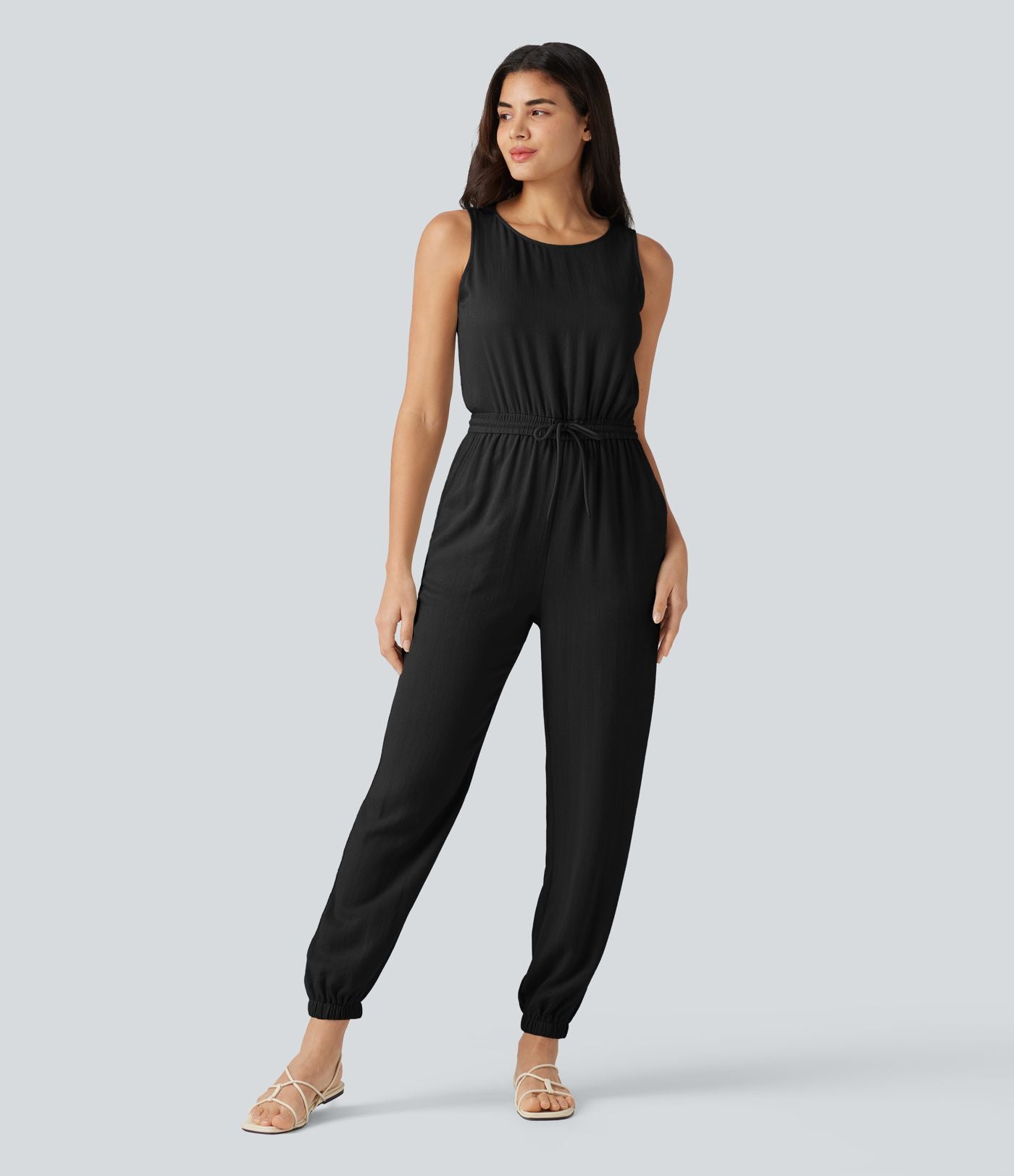 Combinaison casual col rond sans manches avec cordon de serrage, aspect lin et poches