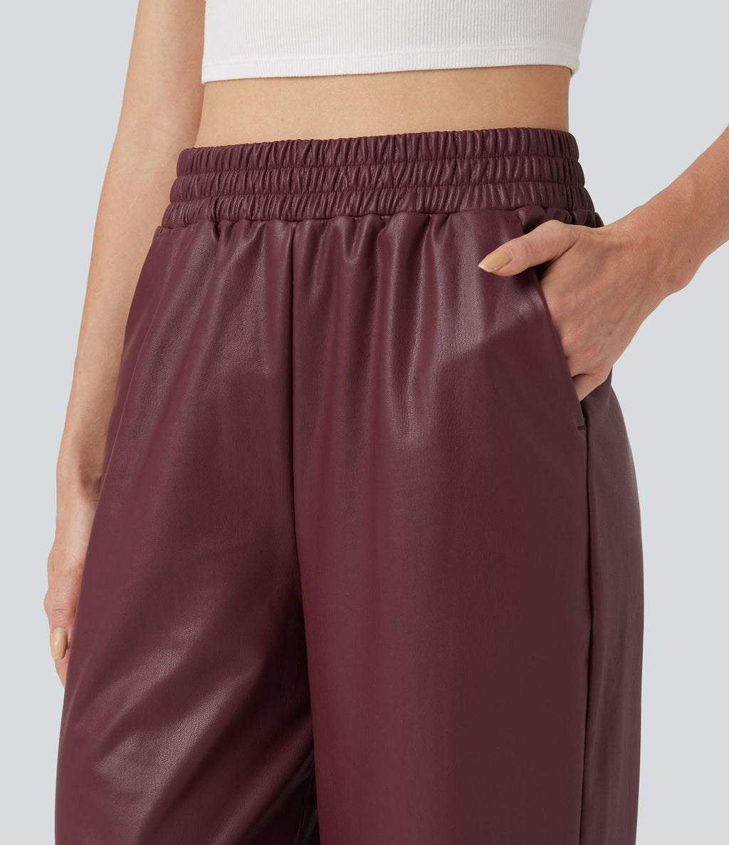 Pantalon décontracté tissu enduit taille haute coupe droite avec poches