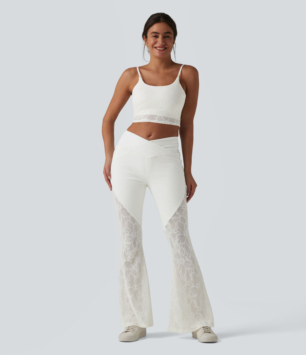 Halara Flex™ Jean évasé casual taille haute ventre plat croisé dentelle contrastée avec poches