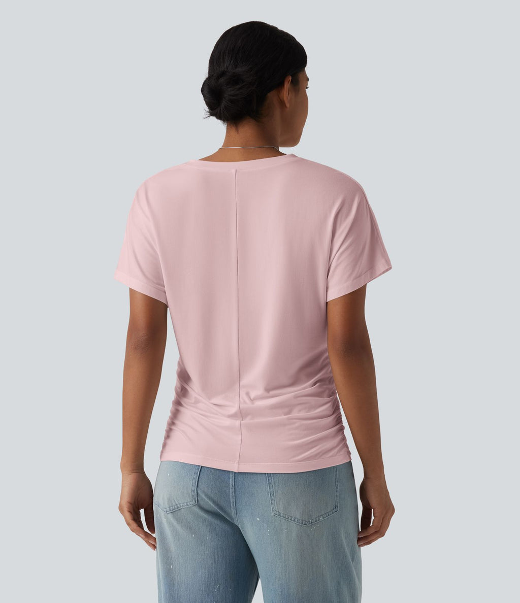 T-shirt décontracté uni à manches courtes, col V et fronces