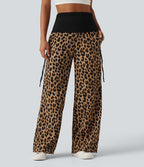 Pantalon baggy casual à imprimé léopard taille haute à revers avec fronces, cordon et poches