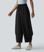 Pantalon décontracté effet lin jambes ballon taille haute avec cordon de serrage et poches