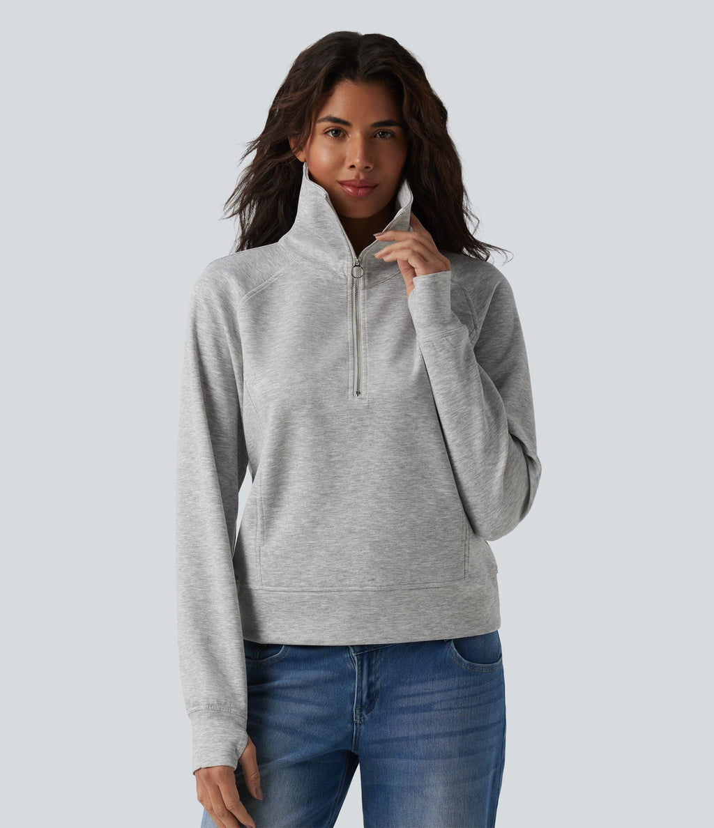 Sweat-shirt décontracté col revers demi-zip manches longues avec trous pour pouces et poches