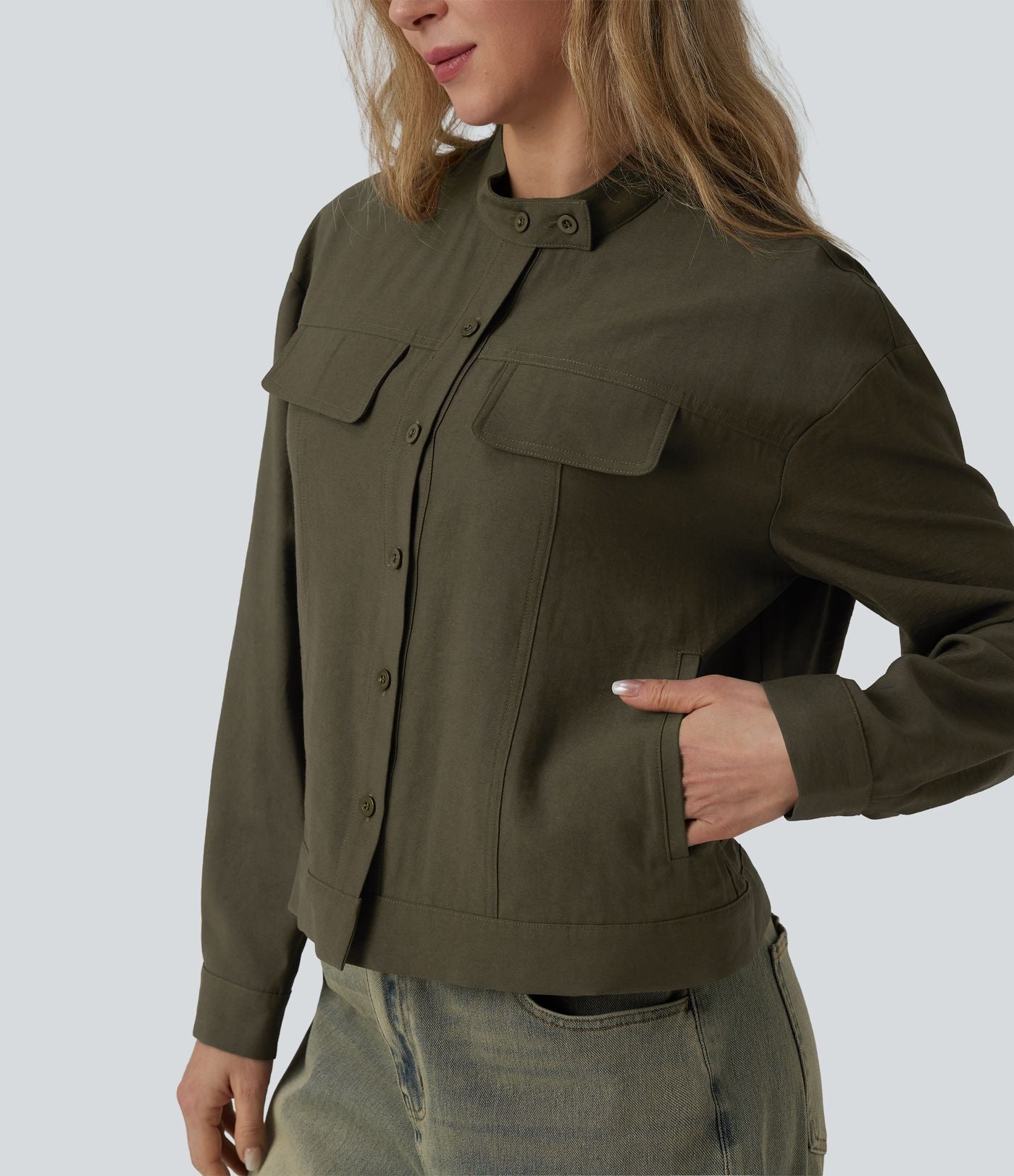 Veste cargo casual col montant manches longues avec poches