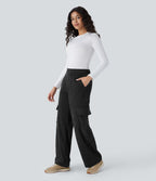Pantalon cargo décontracté droit en velours côtelé, taille mi-haute, avec poches