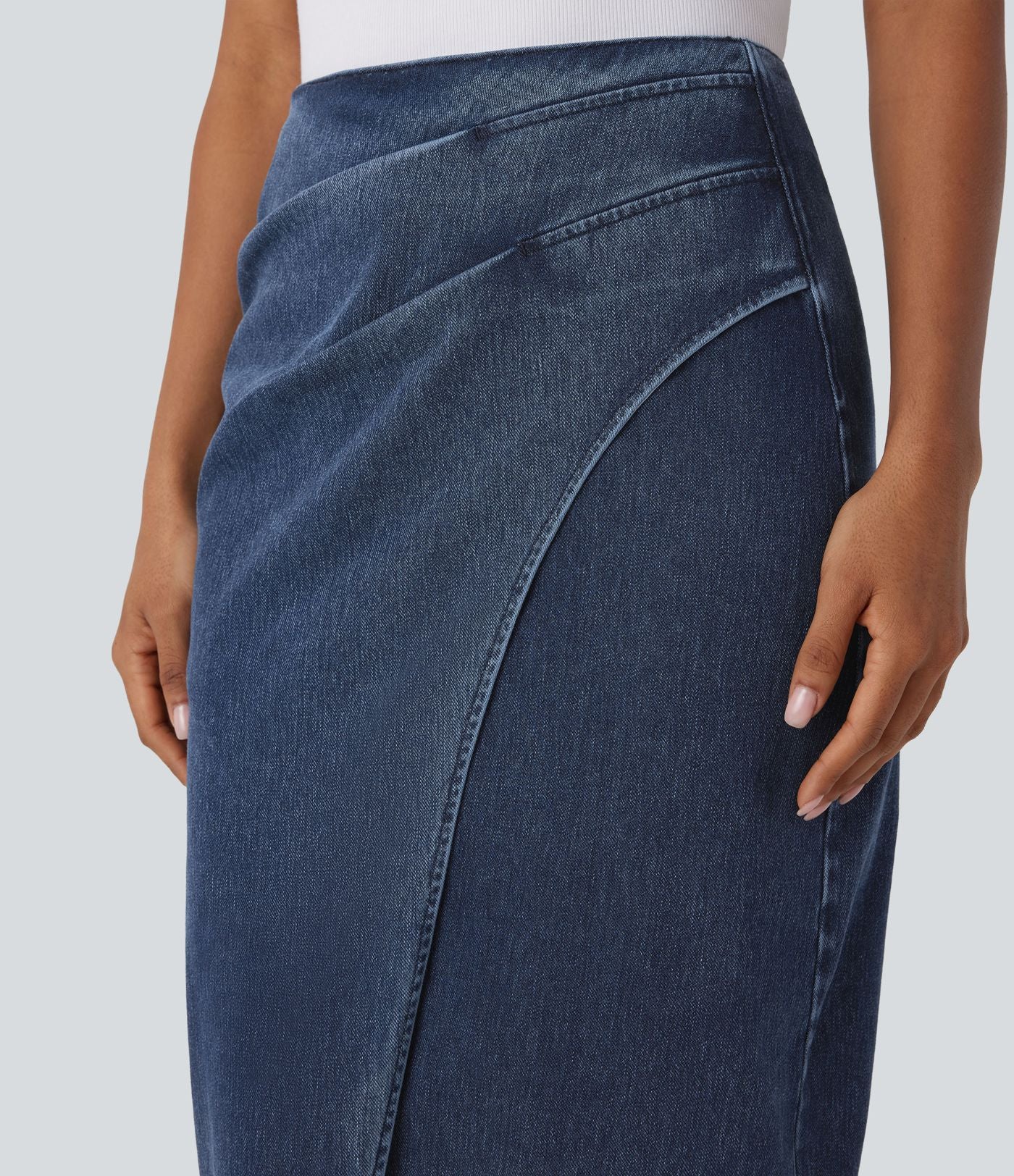 Halara Flex™ Jupe en Jean midi délavé taille haute avec zip dos, effet drapé et ourlet tulipe