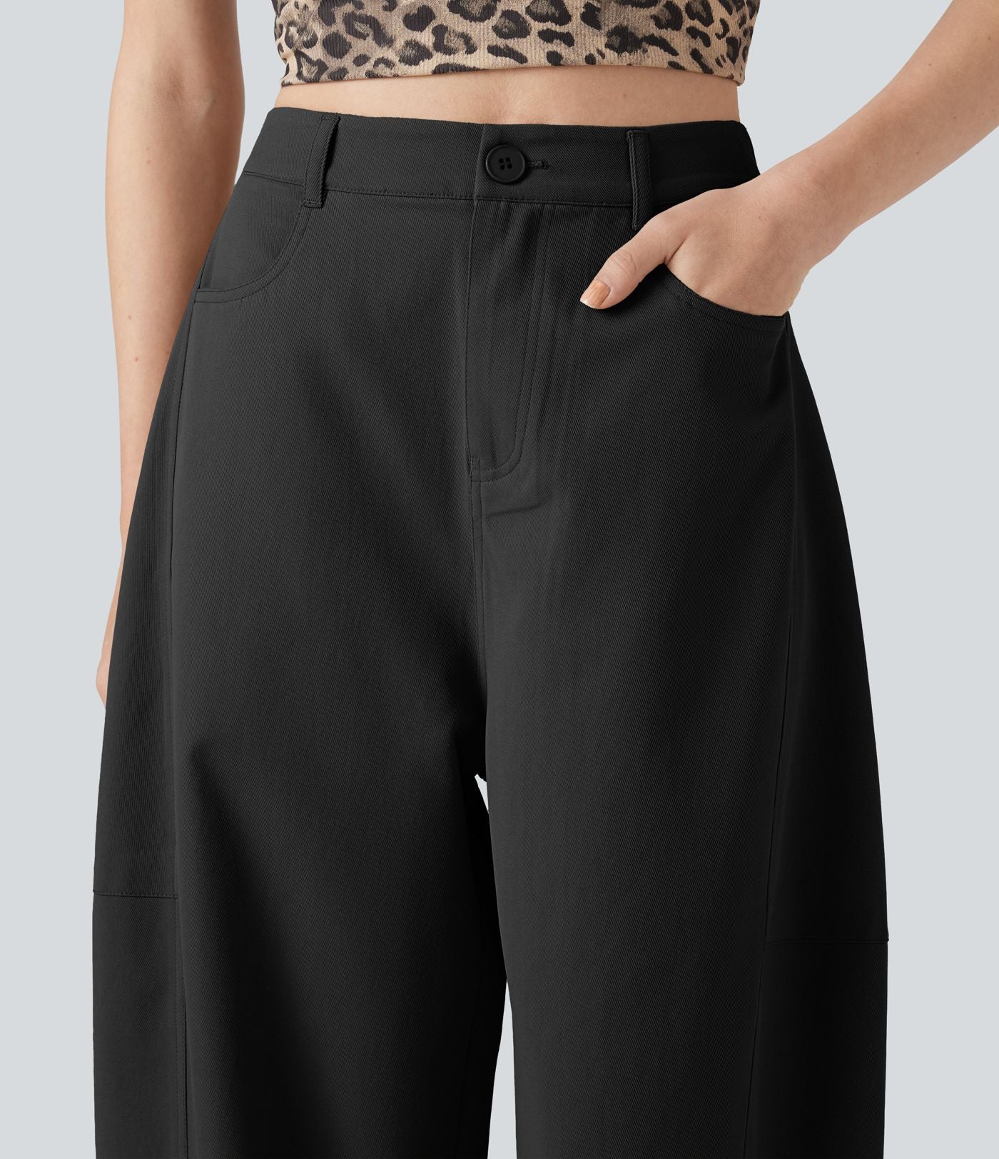 Pantalon décontracté coupe barrel taille haute avec poches