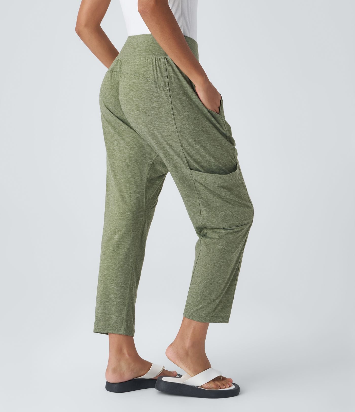 Pantalon Harem Casuak à Taille Mi-Haute avec Liens sur le Côté et Multiples Poches