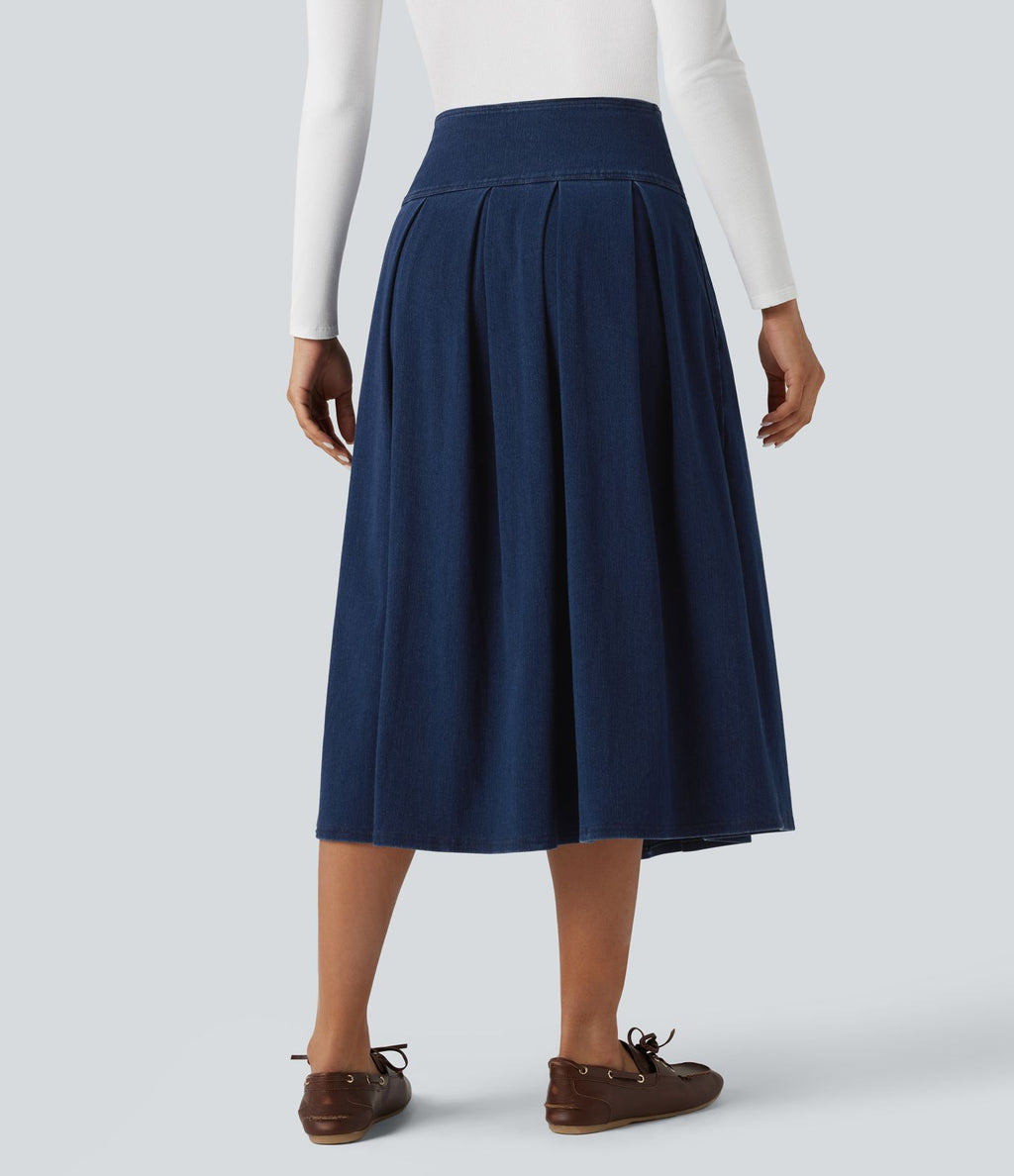 Jupe mi-longue décontractée plissée gainante taille haute effet denim avec poches Halara Flex™