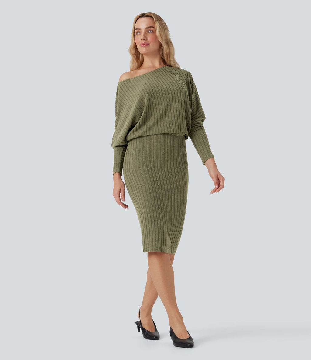 Robe de mi-longue moulante décontractée maille côtelée épaules dénudées manches chauve-souris