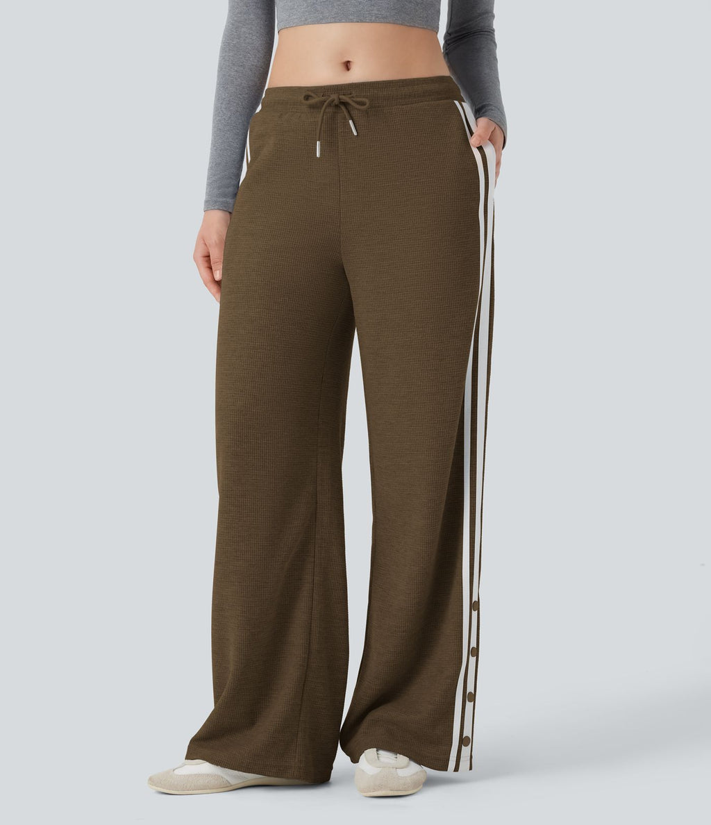 Pantalon jogging décontracté large taille basse à cordon en gaufre à blocs de couleurs avec boutons-pression fendus et poches