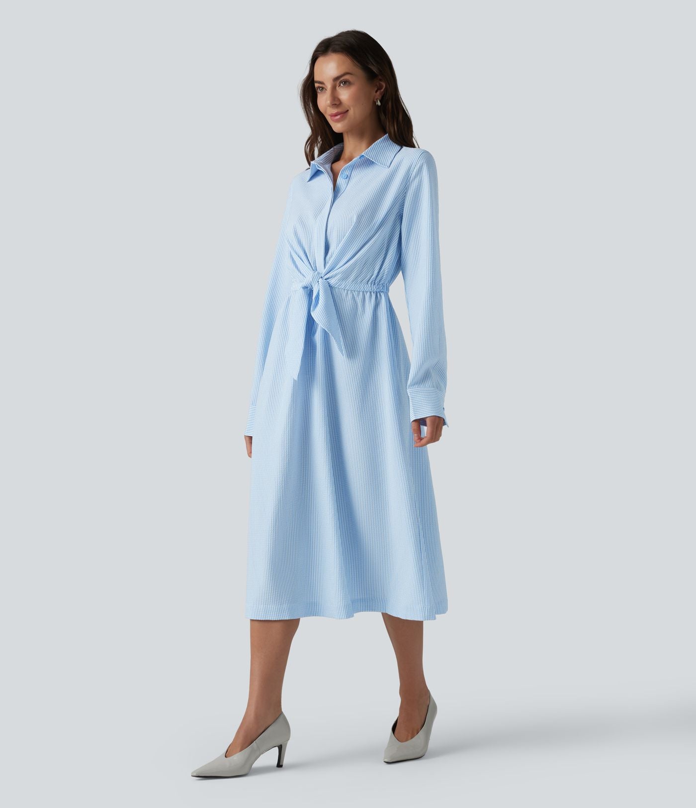 Robe chemise midi habillée à col, manches longues, lien à nouer devant et rayures