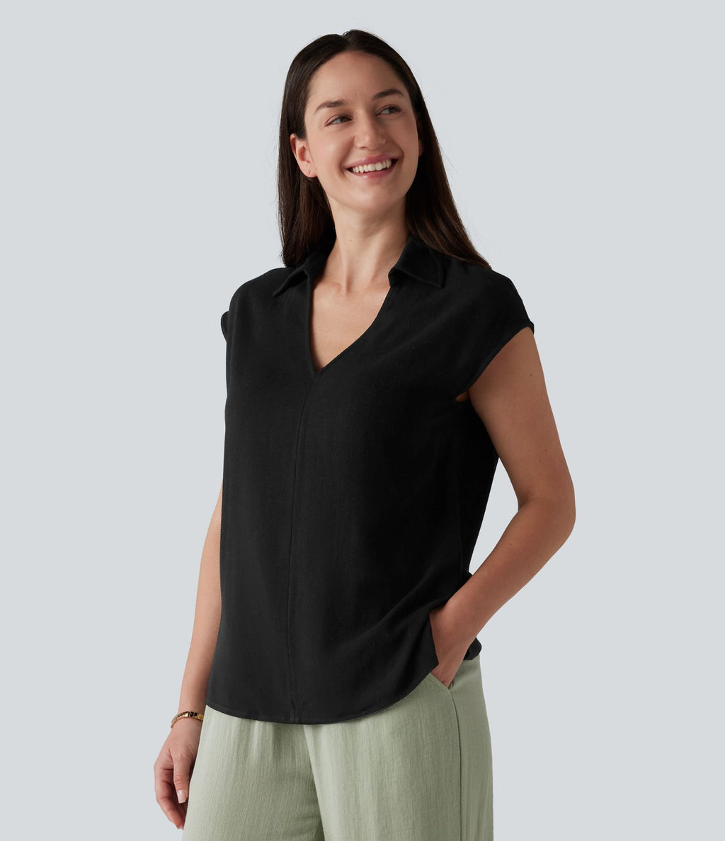 Chemisier tailleur en mélange de lin col V sans manches avec ourlet fendu