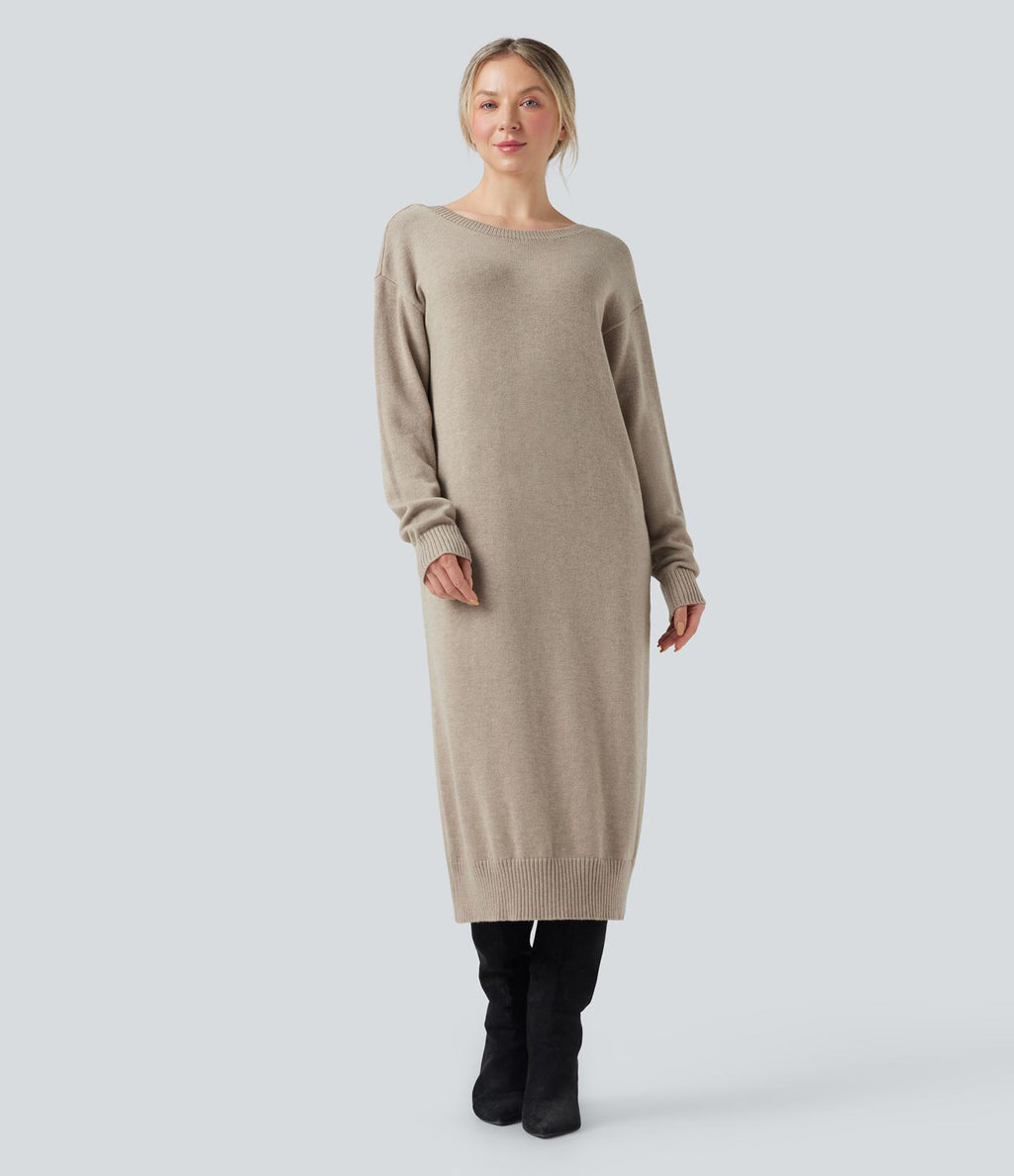 Robe pull laine mélangée col V manches longues mi-longue - réversible devant et dos