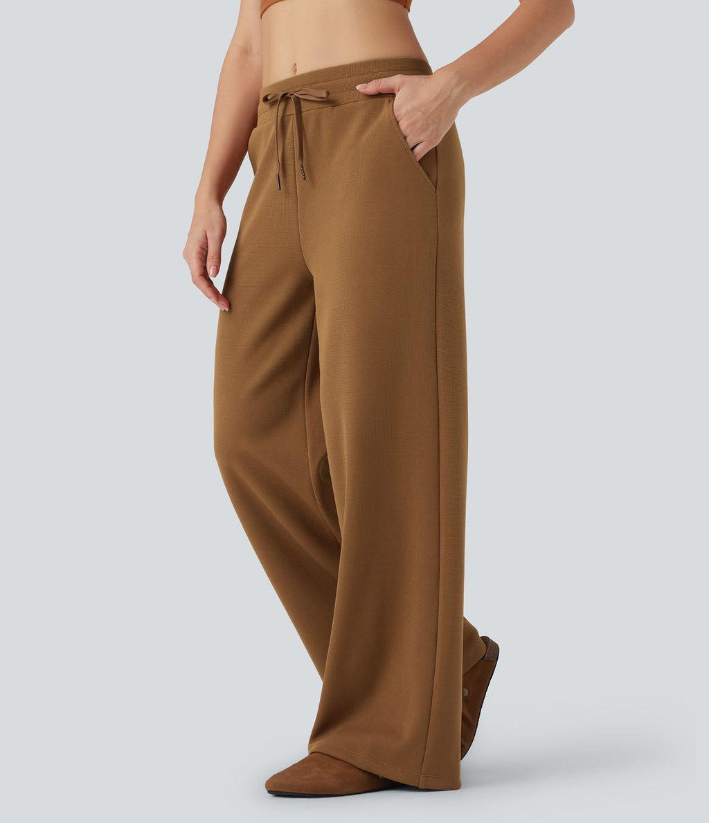 Pantalon jogging décontracté ample micro-gaufré taille mi-haute avec cordon de serrage et poches
