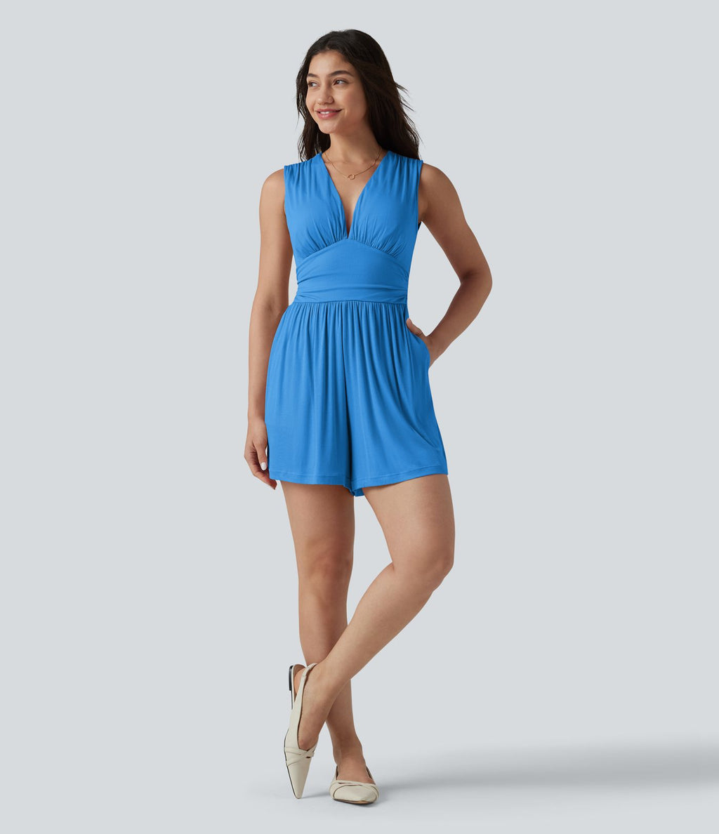 Combishort casual côtelé sans manches col V, fronces et soutien-gorge intégré, avec poches – Easy Peasy