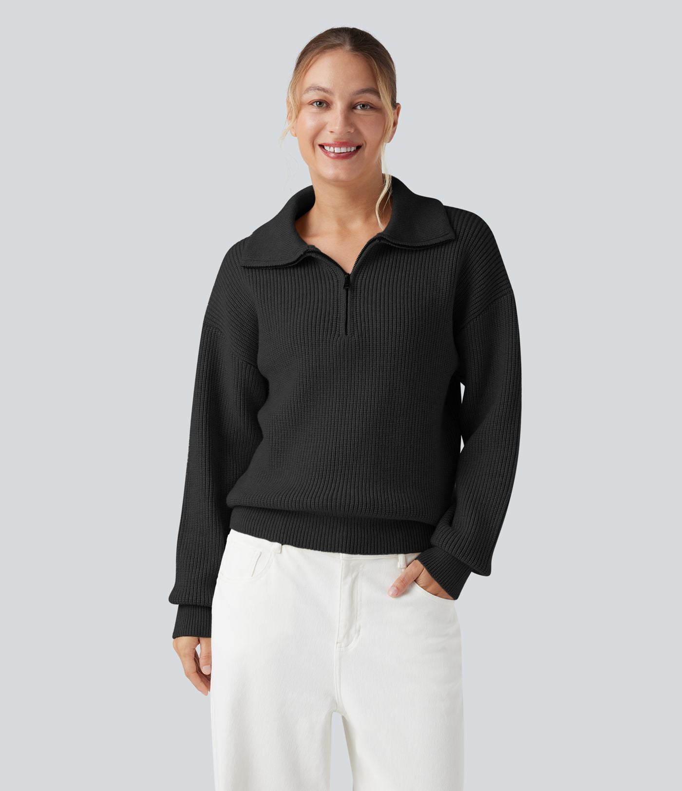 Pull décontracté à col montant et demi-zip à manches longues