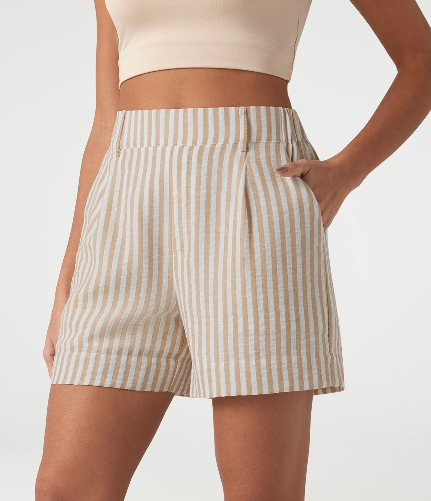 Short casual taille haute à rayures avec poches et aspect lin