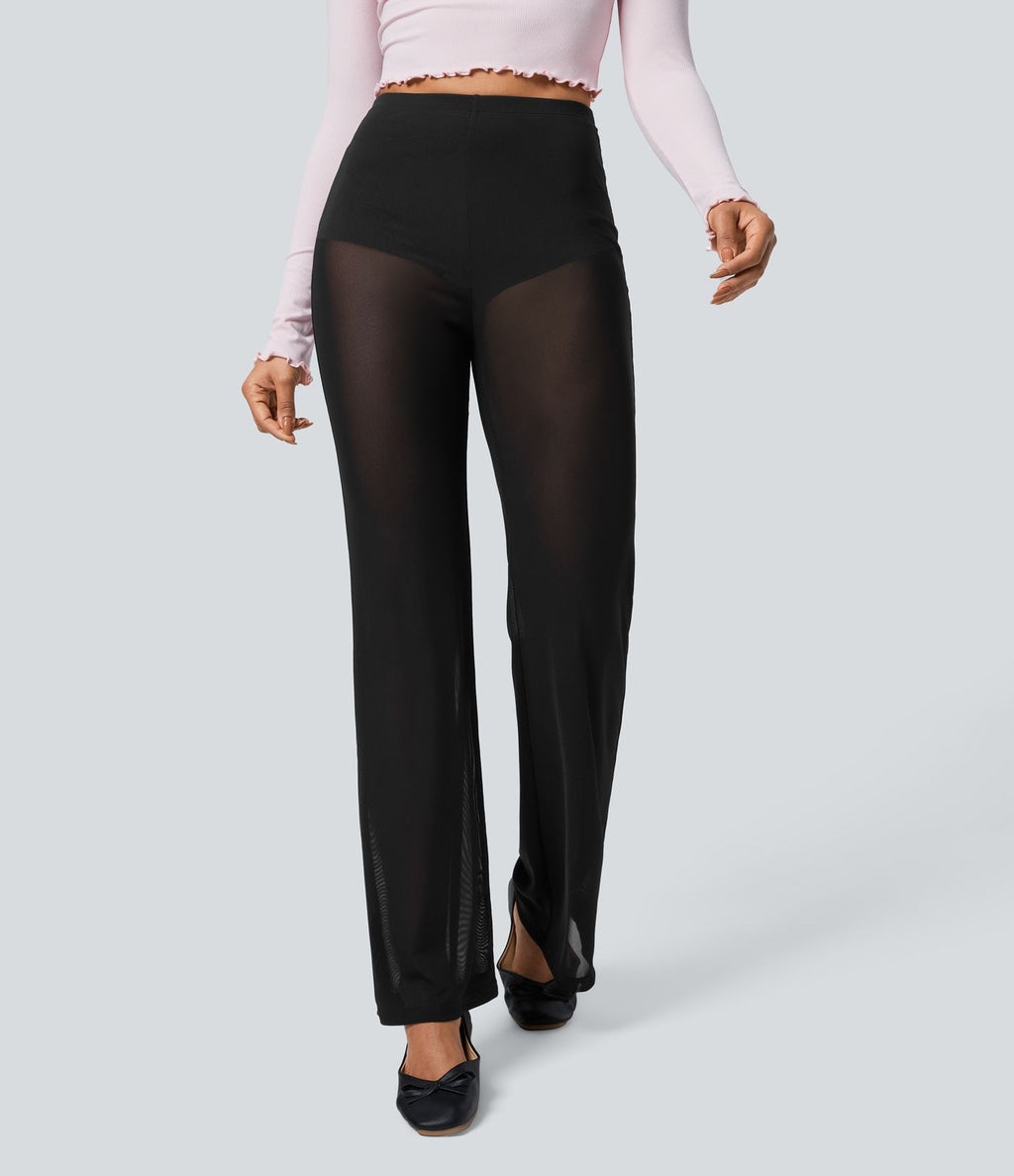 Pantalon Évasé de Danse 2 en 1 en Maille Transparente Taille Haute