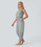 Combinaison de yoga col bateau sans manches dos nu avec découpes et poches latérales à cordon de serrage effet frais InstantCool, protection solaire UPF50+