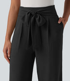 Pantalon droit décontracté aspect lin taille haute à nouer devant avec poches