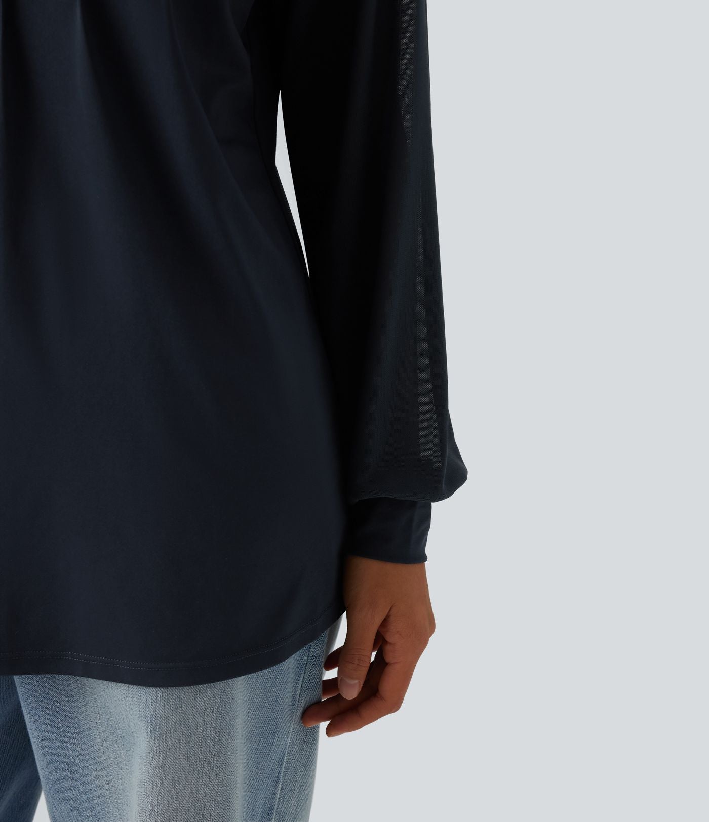 Blouse mesh contrastant col rond manches raglan longues