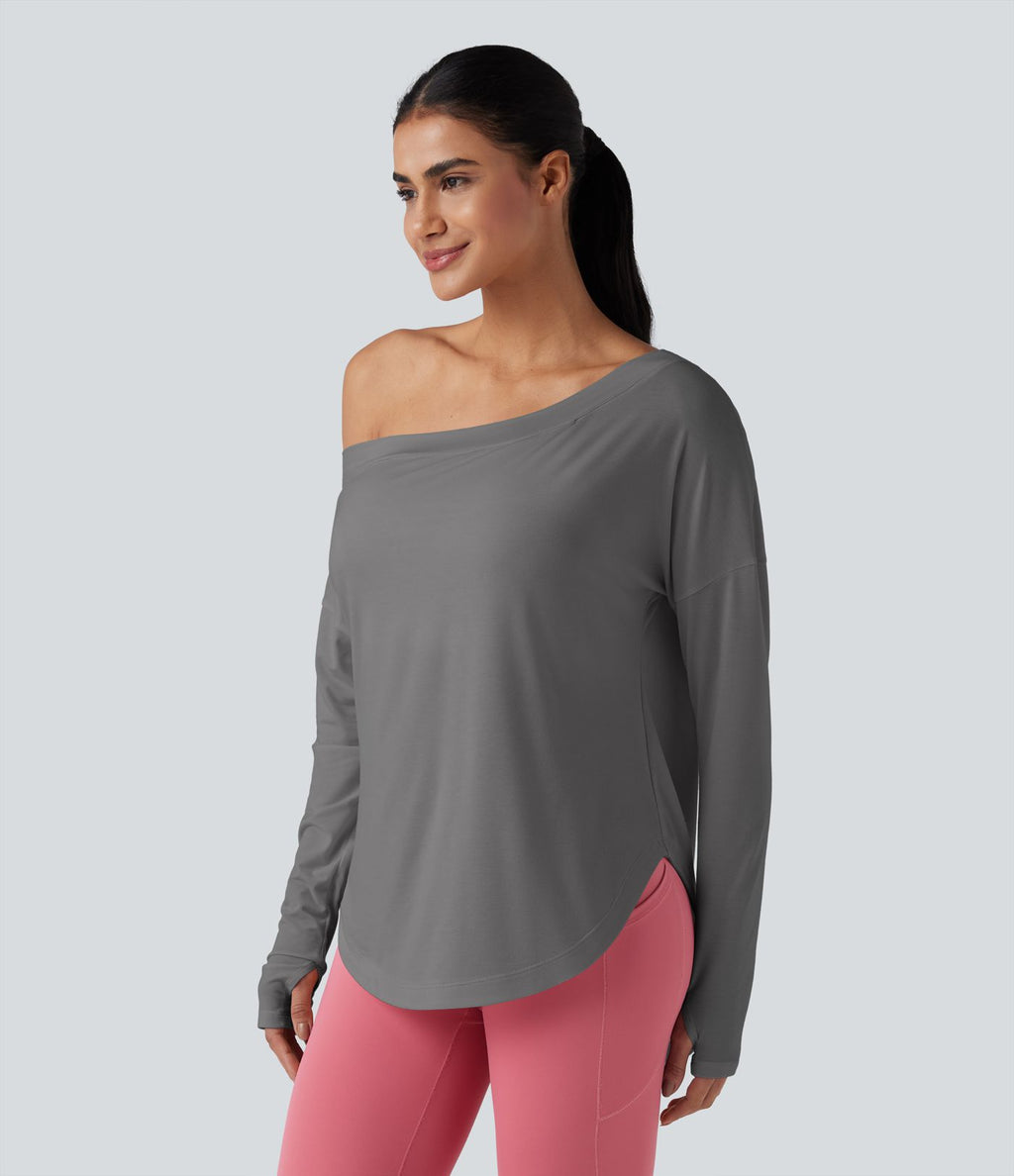 Top de sport yoga une épaule séchage rapide ourlet arrondi asymétrique manches longues avec trous pouces - Brassière intégrée