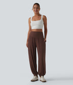 Jogging ballon taille haute drapé en maille côtelée avec poches