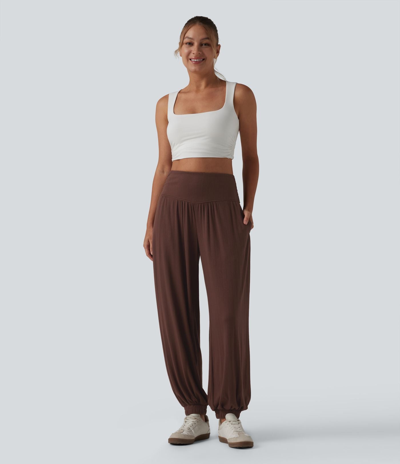 Jogging ballon taille haute drapé en maille côtelée avec poches