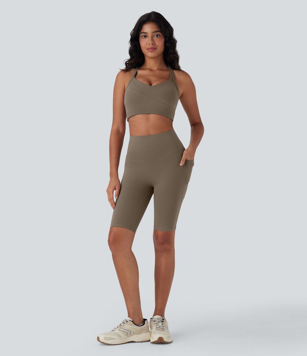 Short cycliste 12,5 cm d'entraînement gainant galbant taille haute avec empiècements résille contrastés et poches Halara UltraSculpt™