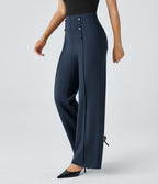 Pantalon Tailleur Large Taille Haute avec Bouton et Poches