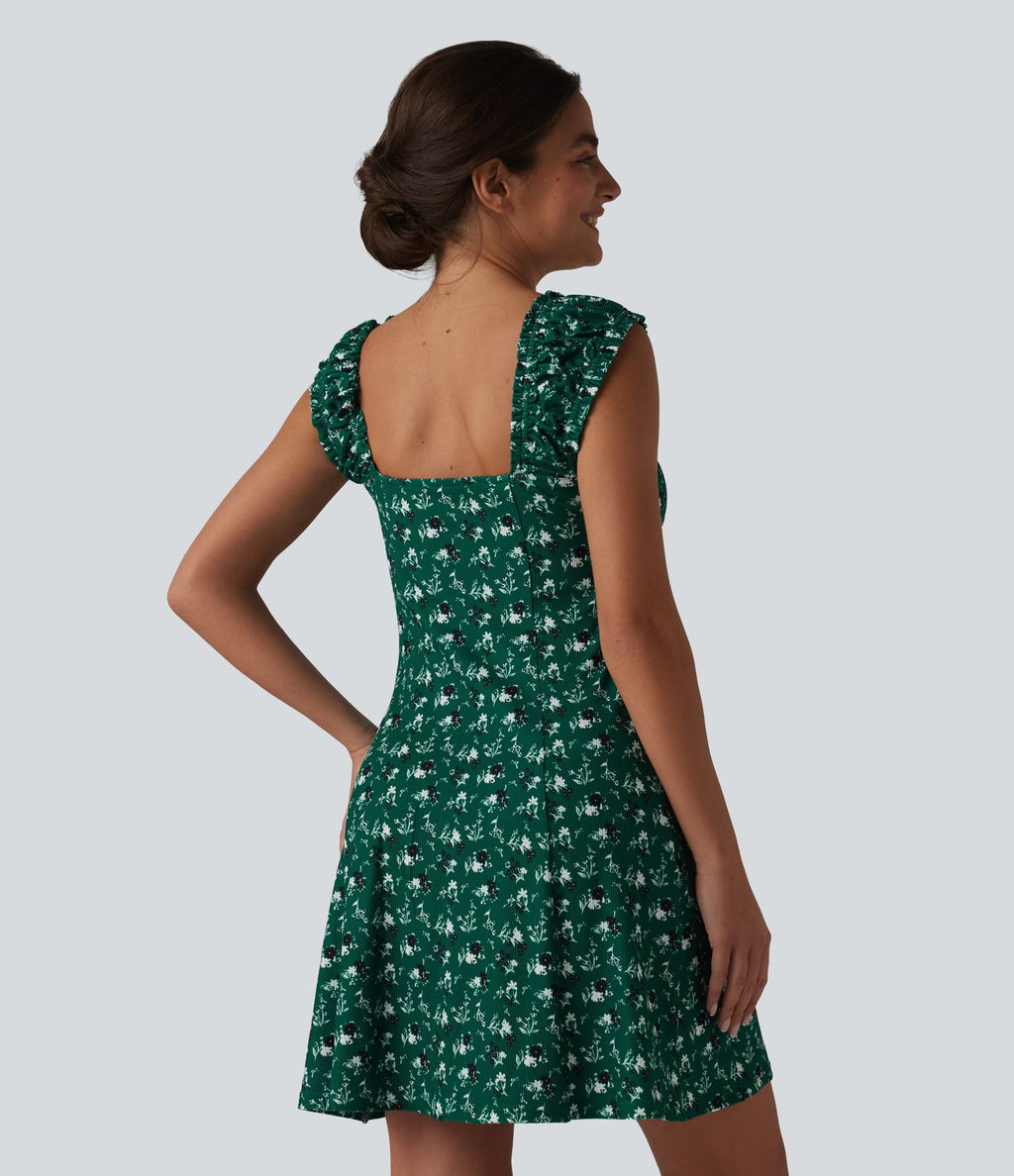 Robe trapèze mini col U sans manches à volants imprimé floral avec soutien-gorge intégré