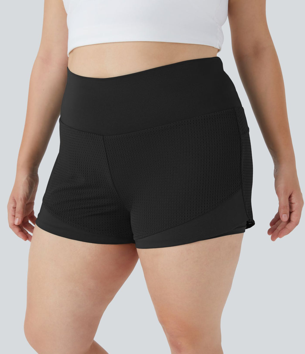 Short Yoga Grande Taille 2-en-1 à Taille Haute avec Poche Arrière