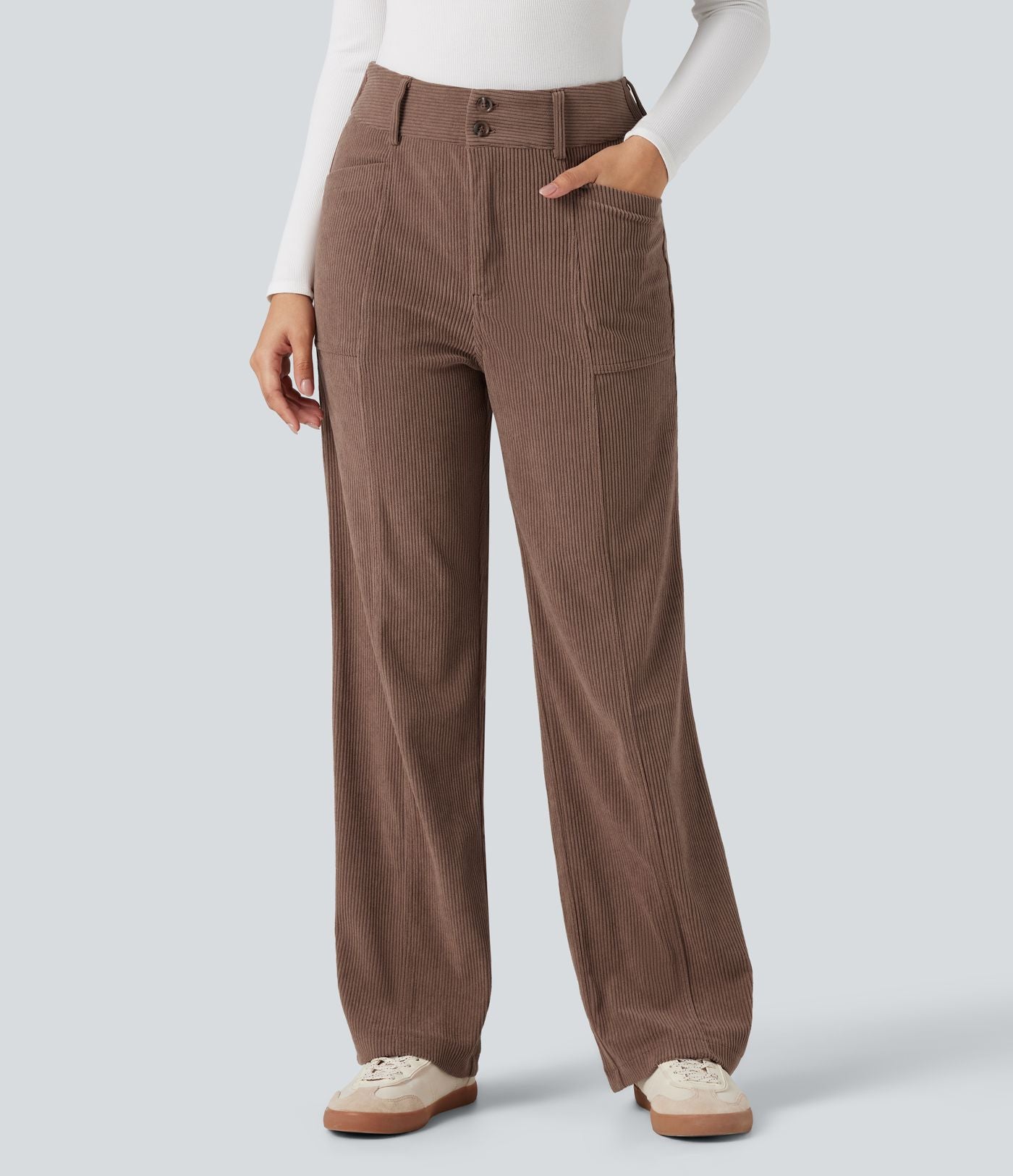 Pantalon décontracté droit taille haute en velours côtelé avec poches