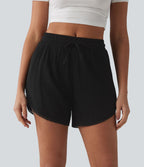 Short décontracté 2 en 1 à taille mi-haute, cordon de serrage, franges contrastées et ourlet arrondi