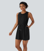 Robe active de yoga mini 2 pièces à col rond, sans manches, cordon de serrage et poches latérales
