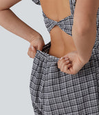 Combinaison short décontractée dos nu torsadé à volants carreaux froissés avec poches, séchage rapide - Easy Peasy