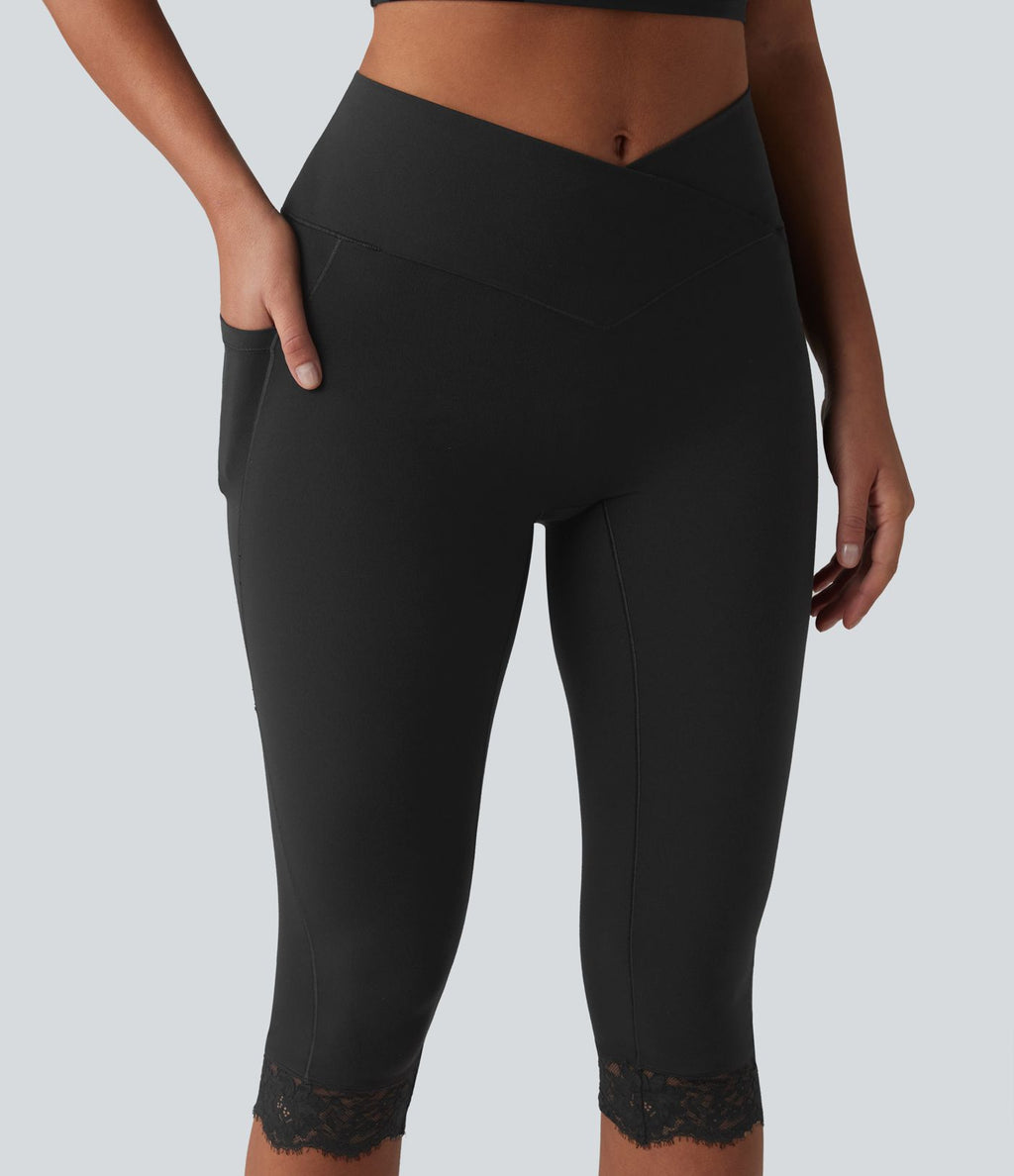 SoftlyZero™ Legging corsaire de yoga croisé taille haute avec dentelle contrastée et poches - UPF50+