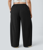Pantalon Large Casual Taille Mi-Haute Taille Élastique Cordon Poches Latérales Ourlet Flottant Grande Taille