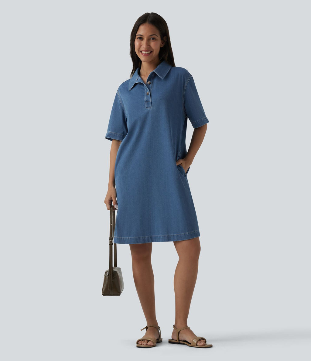 Halara Flex™ Robe courte en denim col classique manches courtes avec poches