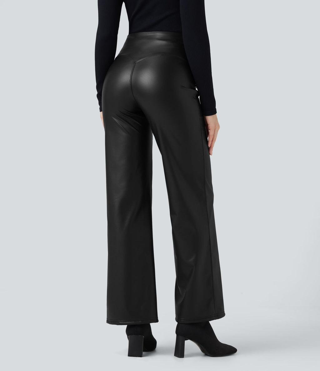 Pantalon similicuir évasé gainant taille haute stretch avec poches